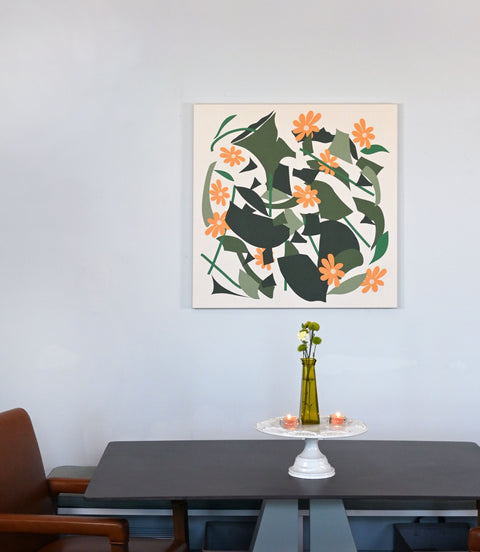 Abstract art piece perfect for dining room with floral and geometric green and orange design.