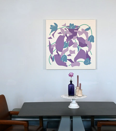 Abstract canvas print with purple blue and green geometric and floral design, great for dining room decor.