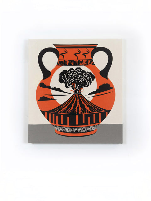 This is a canvas print design of an ancient clay vase depicting a volcanic eruption. The vase is accented with unique patterns like lightning bolts and meanders. 
