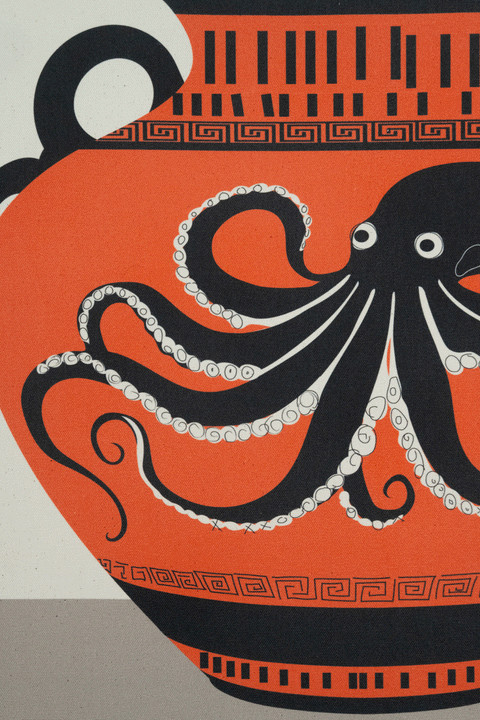 This design includes a large octopus depicted on an ancient clay vase, accented by unique marks and meander patterns.