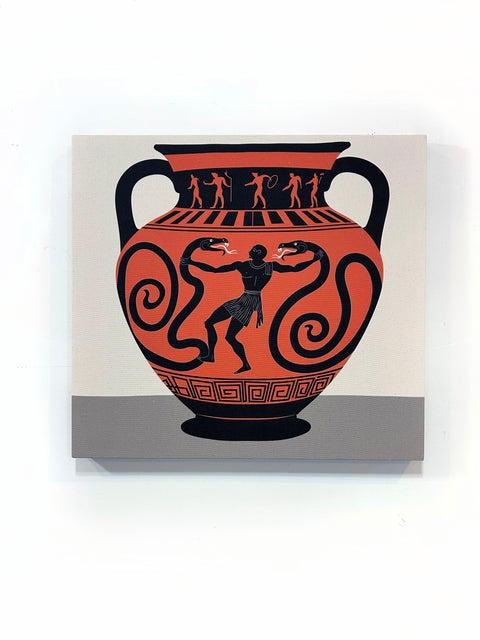 This print depicts a clay vase with a Herculean figure fighting off giant snakes and is accented by historically-fitting patterns like narrative figures and meanders.