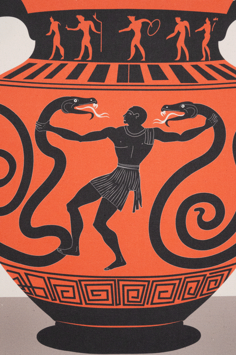 This detail shot depicts a clay vase with a Herculean figure fighting off giant snakes and is accented by meander patterns