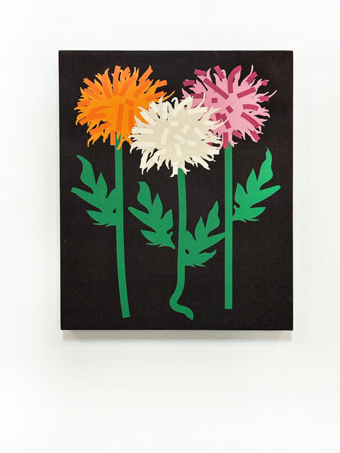 This image features a striking piece of artwork titled "Plucked Chrysanthemums." The artwork displays a bold and simple illustration of three orange, white, and pink chrysanthemum flowers against a dark black background.