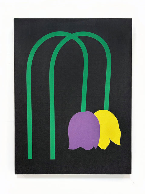 A piece of canvas artwork featuring a black background with green lines and purple and yellow shapes depicting wilted tulips.