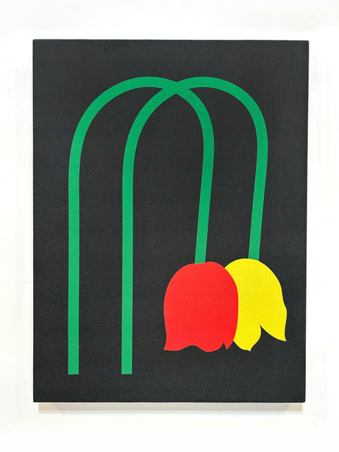 A piece of canvas artwork featuring a black background with green lines and red and yellow shapes depicting wilted tulips.