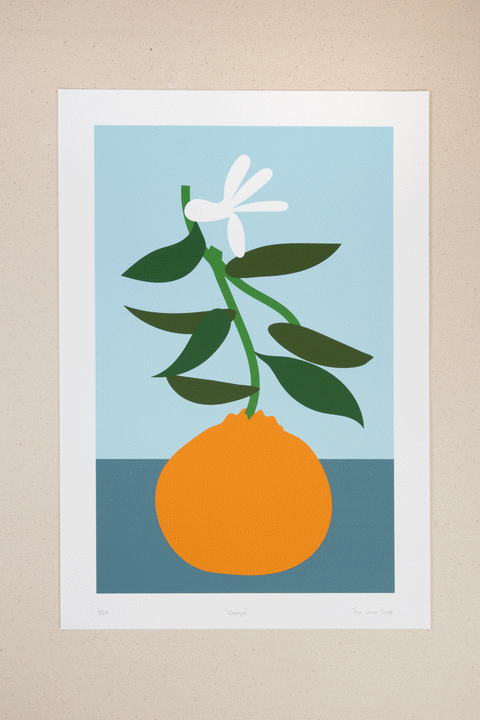 Pop art style orange print with blue background and white flower