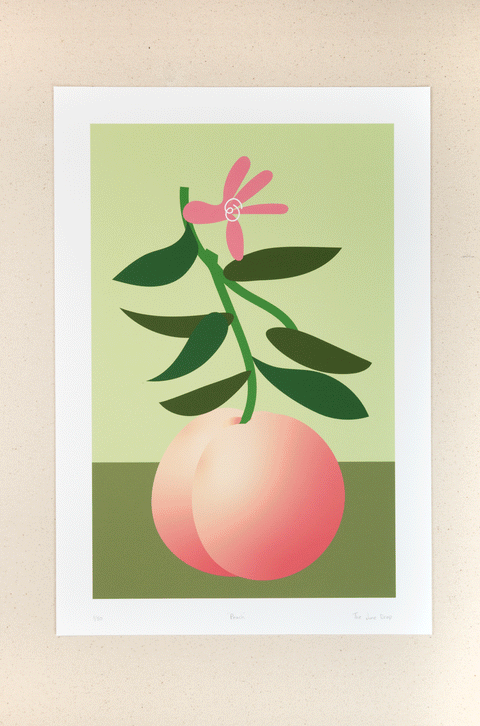 Colorful contemporary pop art print with green background and minimalist peach design with pink flower and green leaves