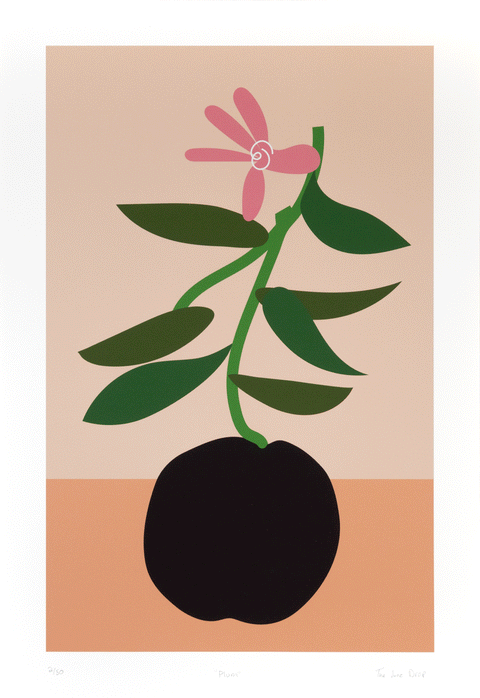 Pop art minimalist style print with black plum, green stem, and pink flower. Peach colored two-tone background.