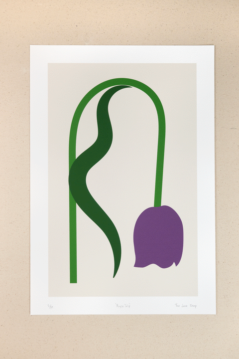 Minimalist wilted tulip print design with purple, green, and beige colors