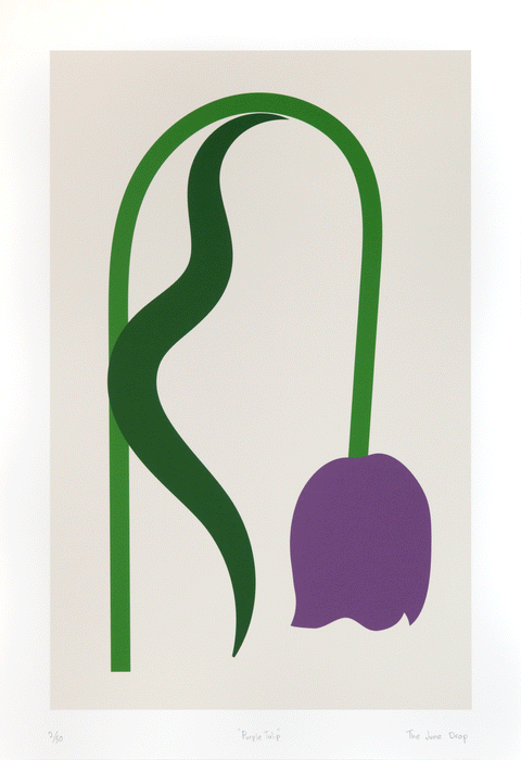 Wilted tulip print design with purple, green, and beige colors