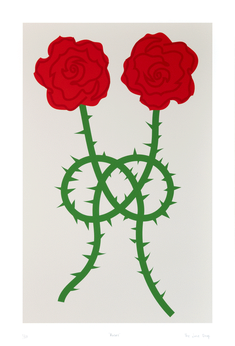 Minimal print design with red roses and green prickly stems tied in a knot over an off-white background