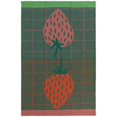 Durable kitchen dish or tea towel with strawberry design on a green, pink, and red checkered background