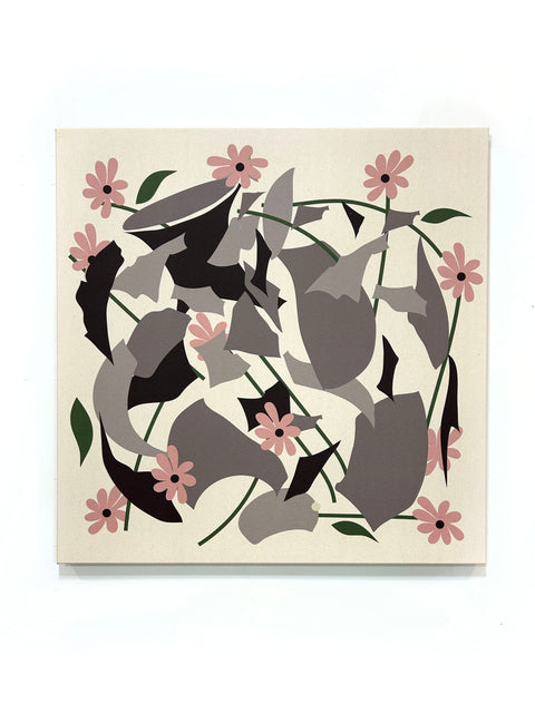large abstract flower design printed on stretched canvas, colors include black, grey, pink, green, and natural beige canvas