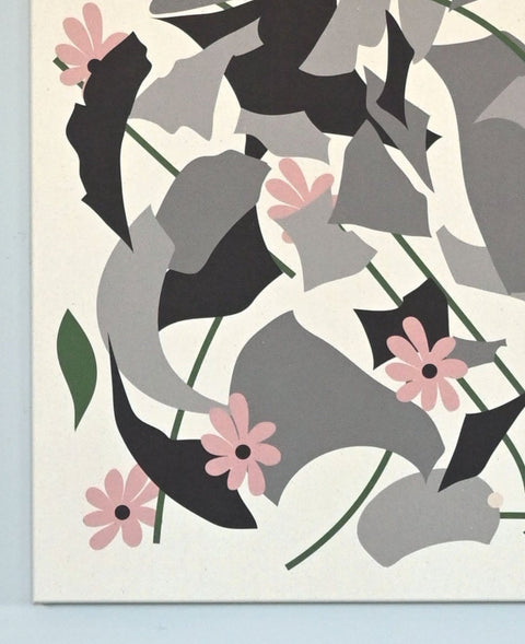 large abstract flower design printed on stretched canvas, colors include black, grey, pink, green, and natural canvas