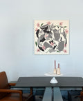 large abstract flower design printed on stretched canvas, colors include black, grey, pink, green, and natural beige canvas- perfect for a dining room