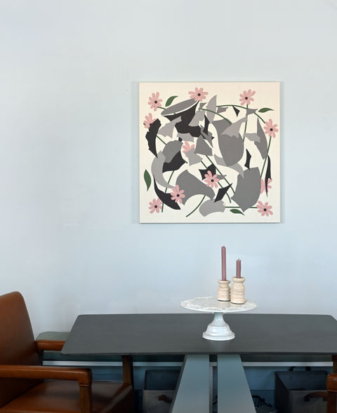 large abstract flower design printed on stretched canvas, colors include black, grey, pink, green, and natural beige canvas- perfect for a dining room