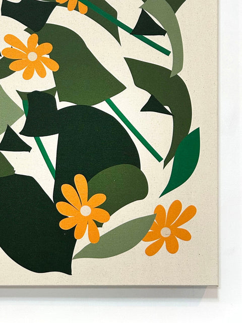 Close up of abstract floral and geometric design with shades of green, orange, and beige