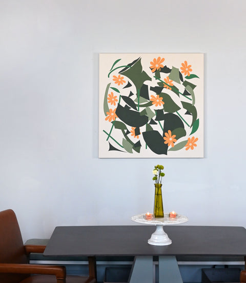 Abstract art piece perfect for dining room with floral and geometric green and orange design.