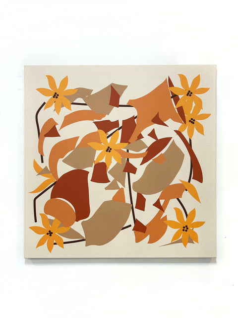An abstract canvas print featuring a geometric pattern with orange and brown shapes and yellowish orange flowers on a natural beige background