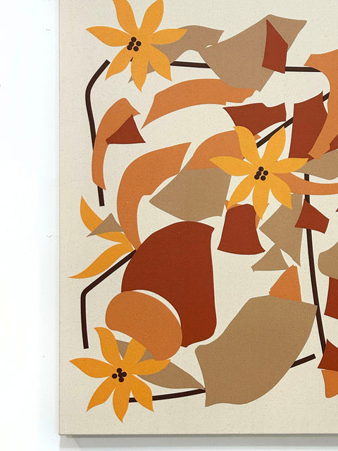 Abstract floral design in brown and orange on a beige natural canvas background