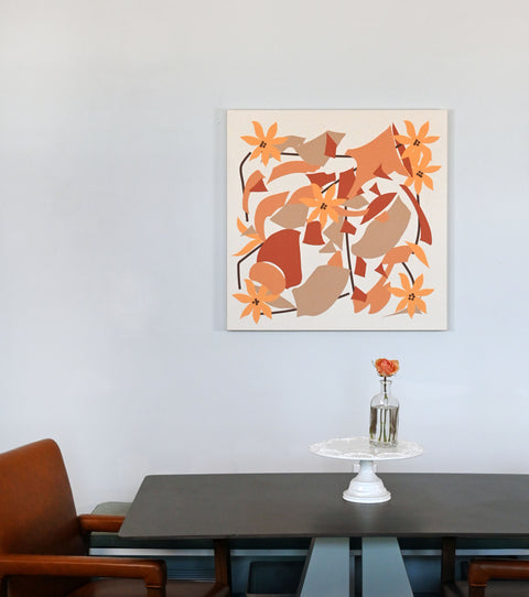 Abstract geometric and floral design printed on natural canvas- shades of orange, taupe, brown- perfect for a dining room art piece