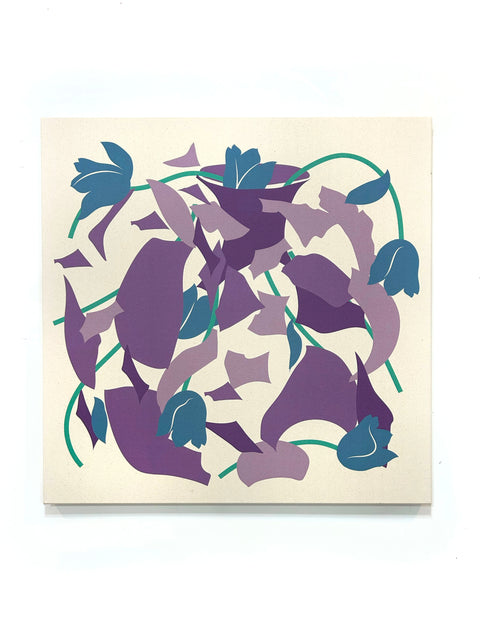 A canvas print featuring an abstract floral pattern - purple and blue with a touch of green on a beige natural canvas background.