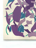 Abstract pattern of purple and blue shapes on a beige background