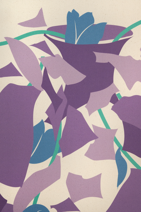 Close up of abstract geometric design, detail- purple, blue and green on beige natural canvas