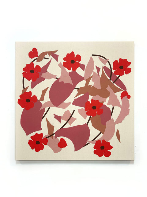A canvas print featuring a geometric pattern with pink and red flowers and abstract shapes on a natural beige canvas background