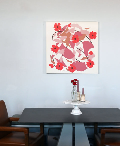 Colorful art print on natural canvas featuring red, pink, and brown floral and geometric design- perfect for a dining room art piece