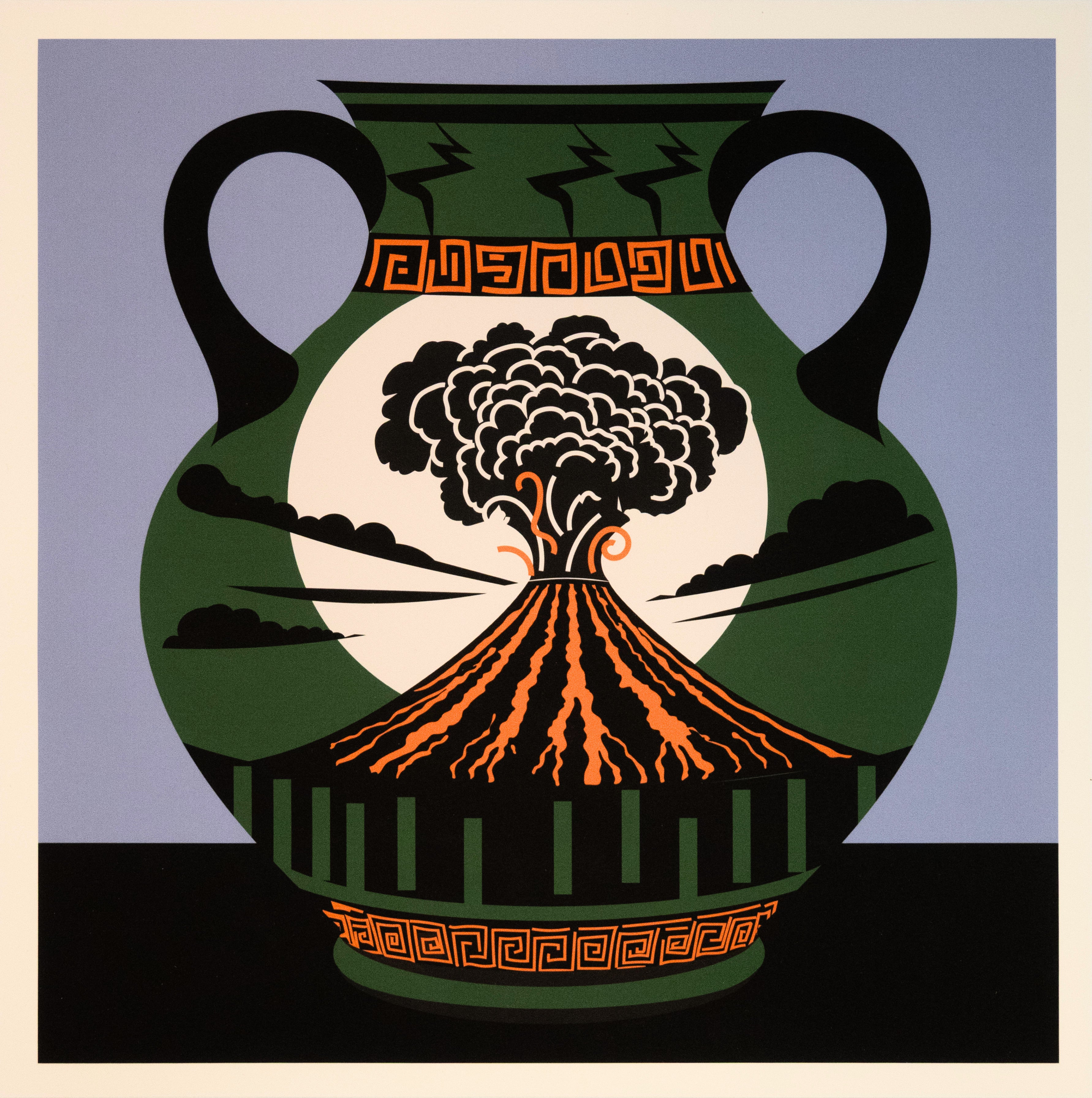 Art print with vase design with volcano design with black and periwinkle background with white border