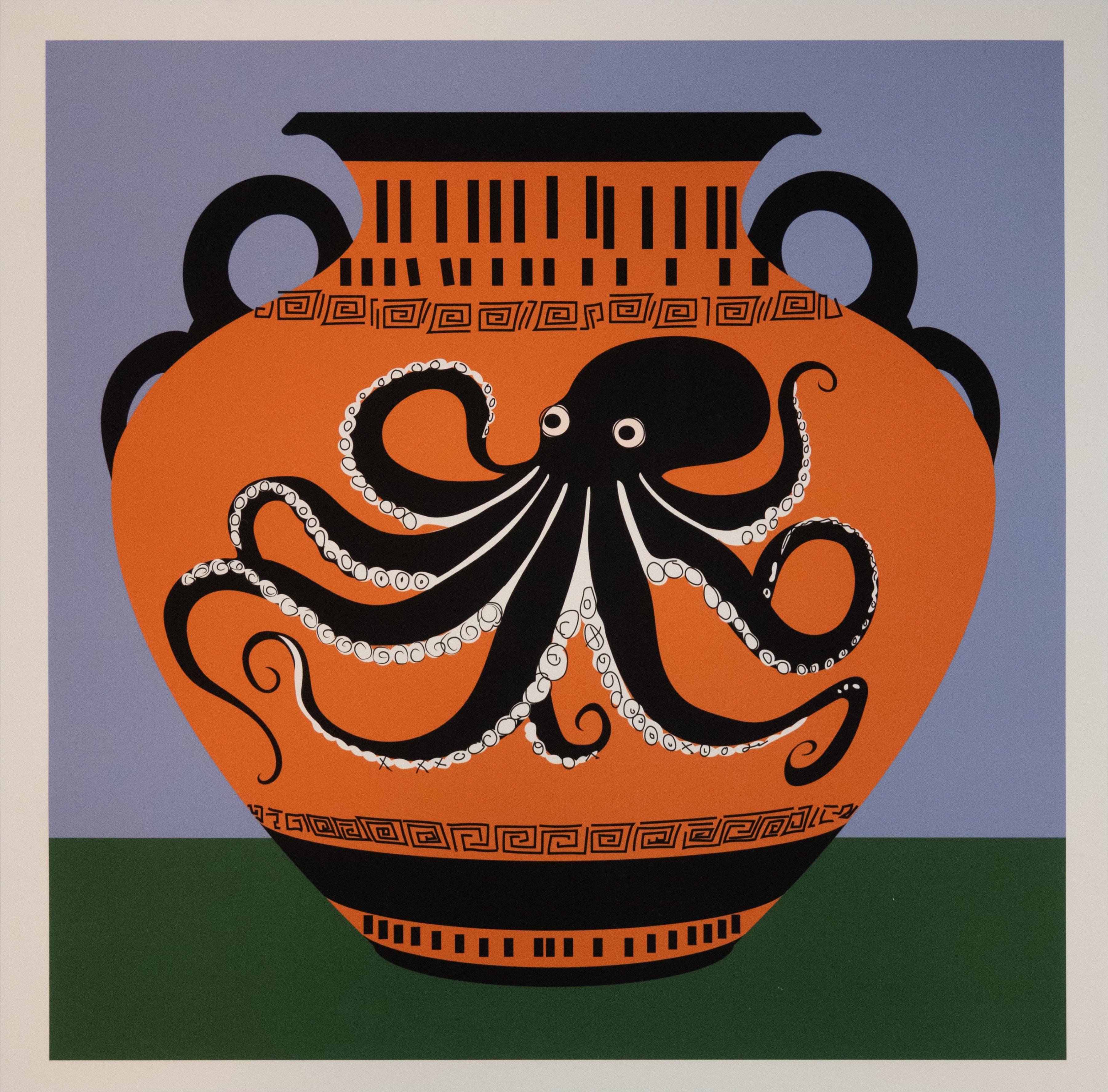 Art print with octopus vase design with with periwinkle and forest green background with white border