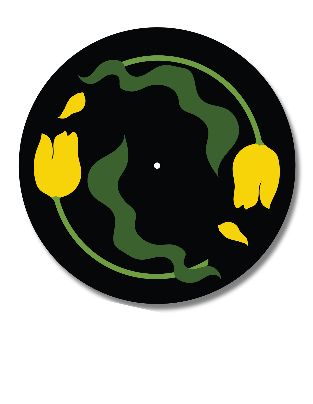 Decorative record player slipmat with yellow tulips and green leaves on a black background