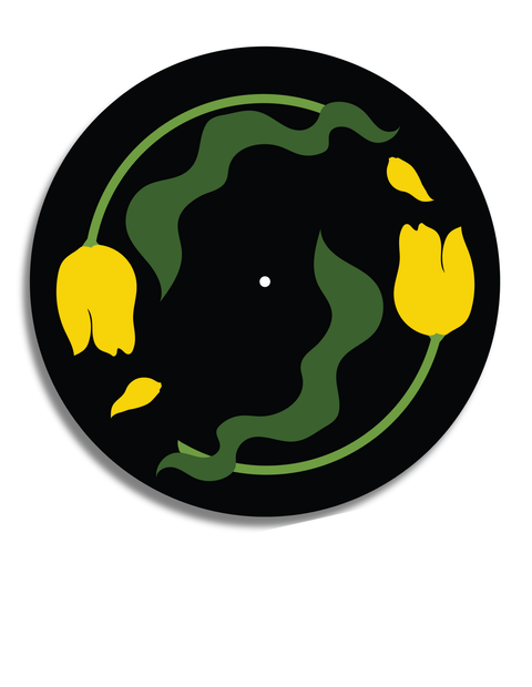 Decorative record player slipmat with yellow tulips and green leaves on a black background