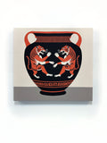 This design depicts an ancient Athenian clay vase with a dueling pair of tigers and meander patterns. 