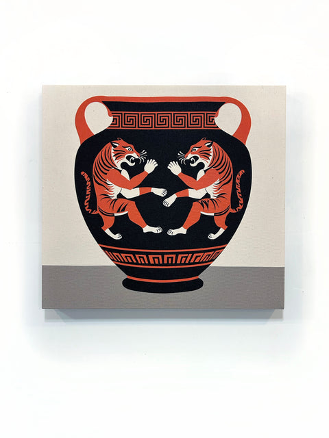 This design depicts an ancient Athenian clay vase with a dueling pair of tigers and meander patterns. 
