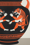 Close up of design depicting a clay vase with a dueling pair of tigers and meander patterns.