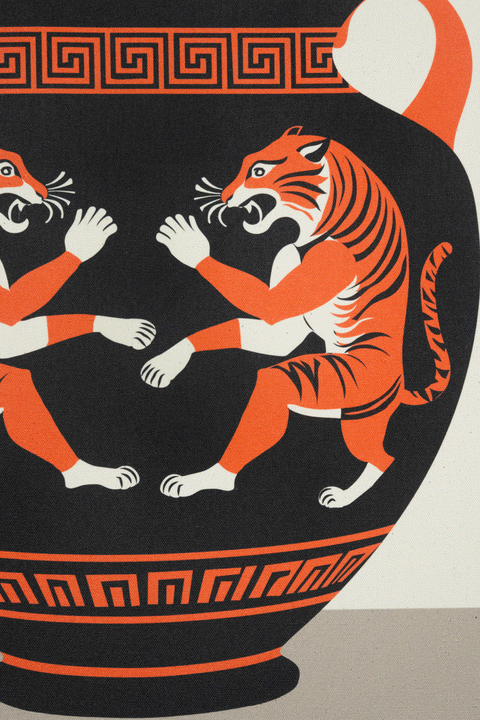 Close up of design depicting a clay vase with a dueling pair of tigers and meander patterns.