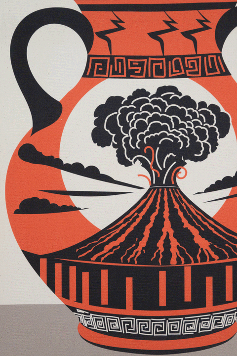 Close up of a canvas print design of an ancient clay vase depicting a volcanic eruption. The vase is accented with unique patterns like lightning bolts and meanders. 