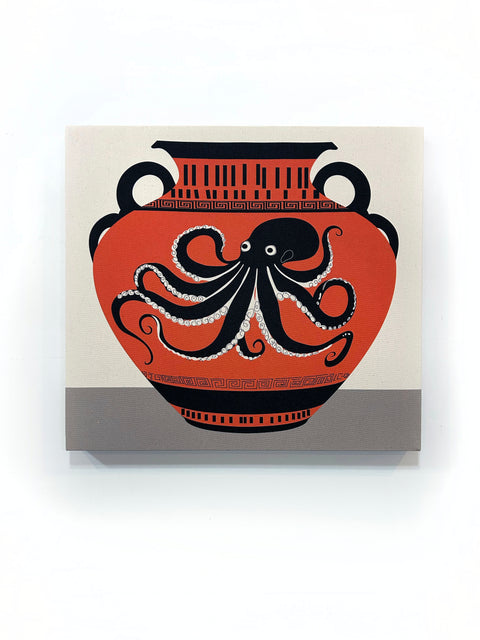This design includes a large octopus depicted on an ancient clay vase, accented by unique marks and patterns.
