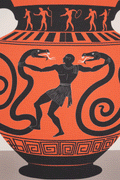 This detail shot depicts a clay vase with a Herculean figure fighting off giant snakes and is accented by meander patterns