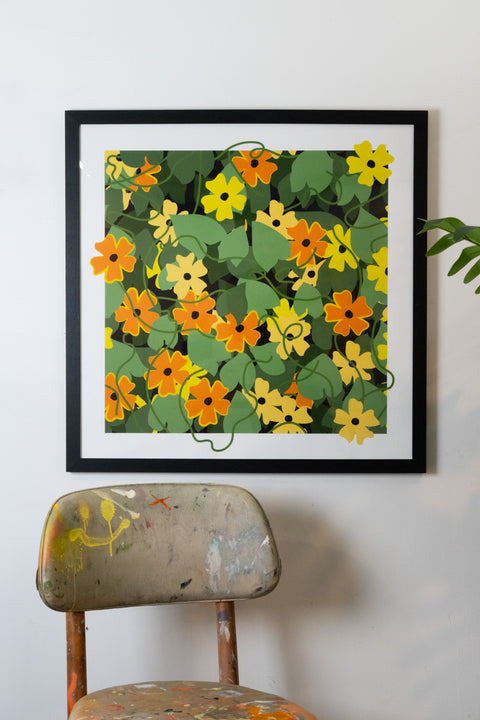 24"x24" graphic black eyed susan flowers graphic print shown in black frame