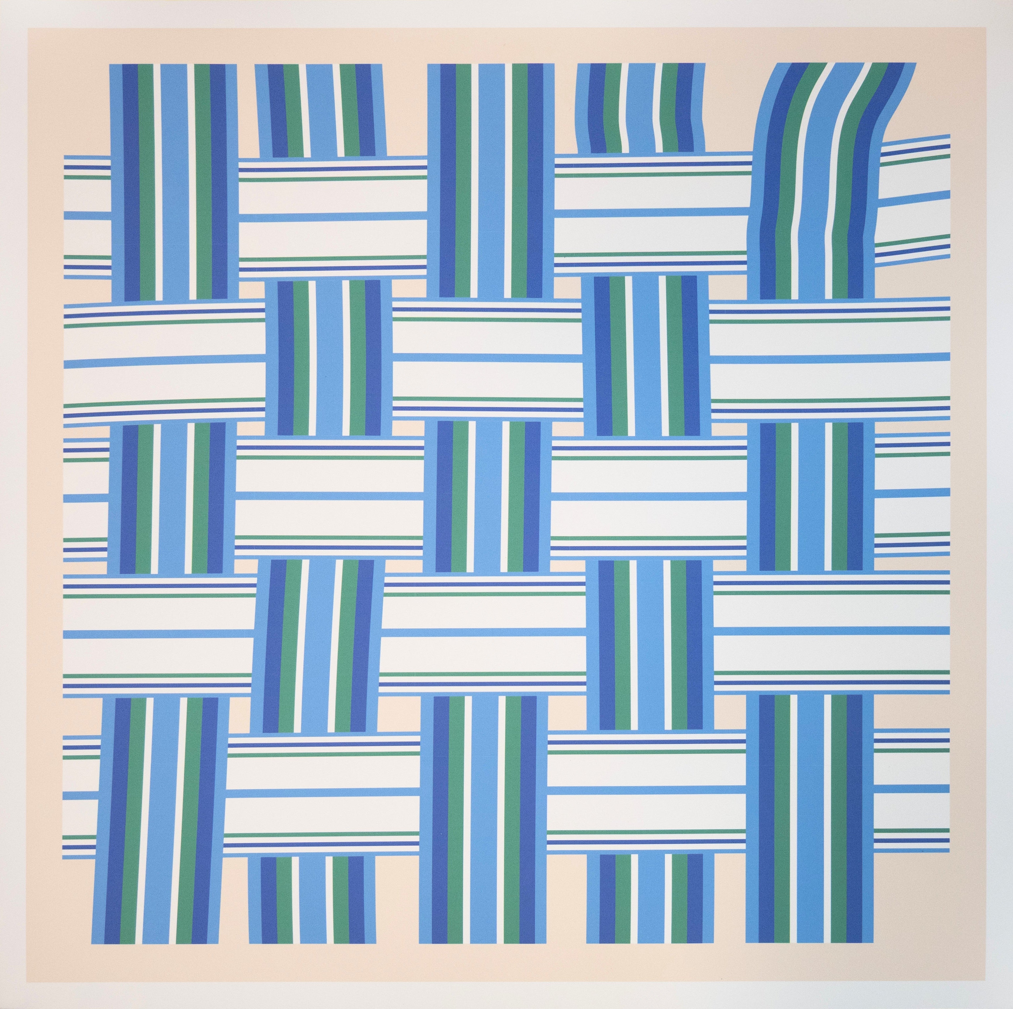 Blue and green geometric lawn chair pattern print with horizontal and vertical lines on a beige background with white border.
