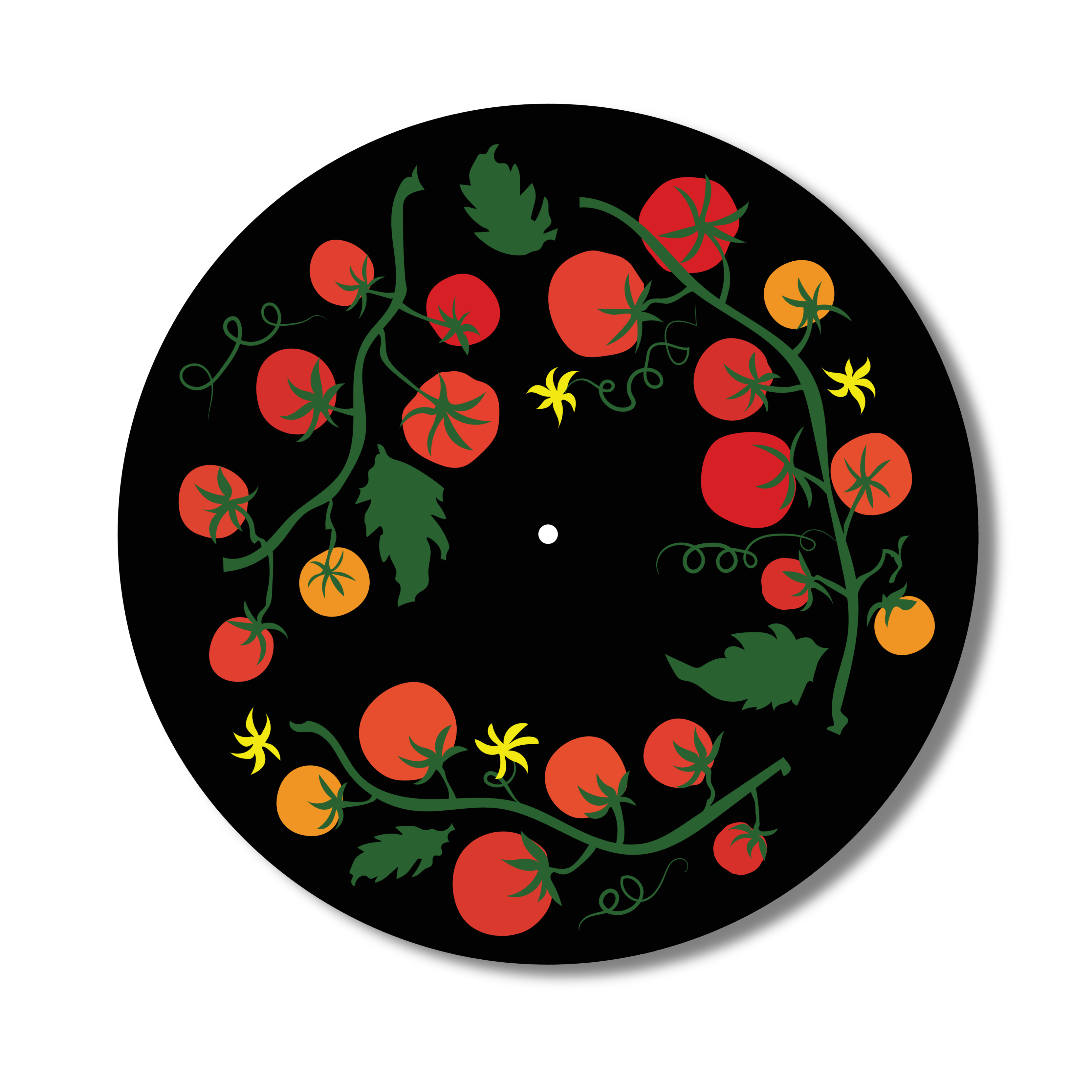 Slipmat design with red cherry tomatoes and green leaves on a white background