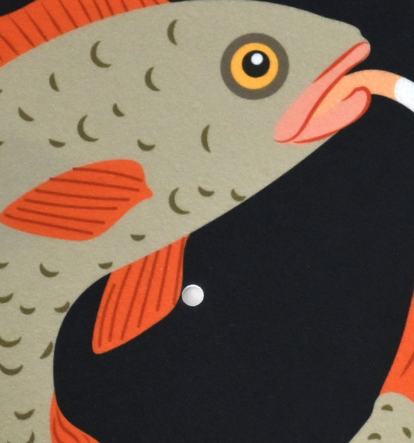 Illustration of a smoking fish with orange fins on a black background 