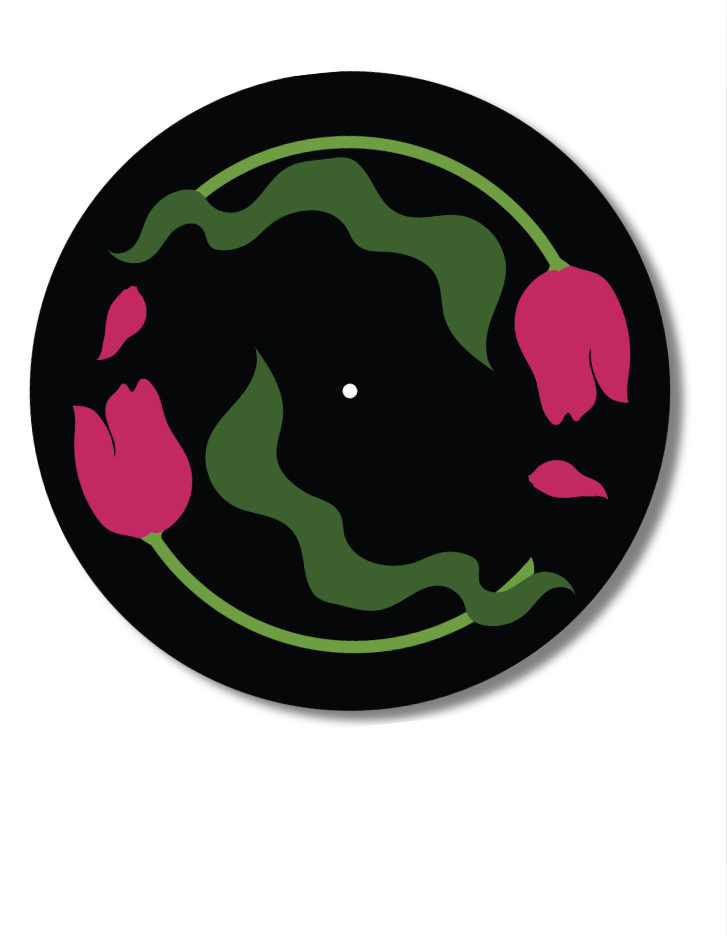 Black record player slipmat with pink contemporary art design tulips with pink and green colors
