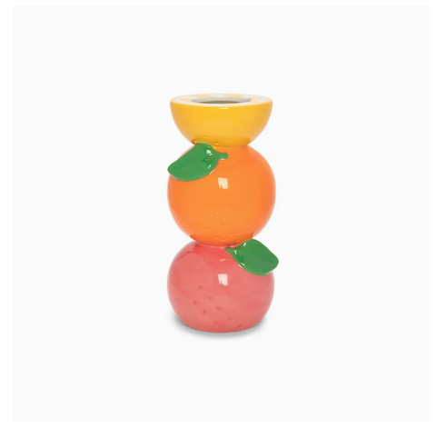 A hand-painted ceramic vase with a wide opening, featuring a yellow top, orange middle, and a red bottom, each segment painted to resemble a stacked citrus fruit.