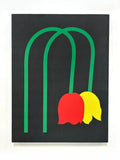 A piece of canvas artwork featuring a black background with green lines and red and yellow shapes depicting wilted tulips.