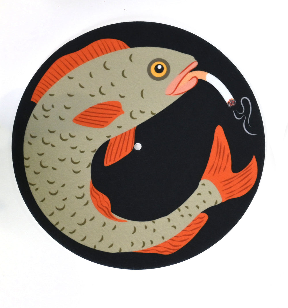 Illustration of a fish smoking a cigarette on a black background