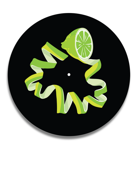 Decorative turnstile slipmat with unique lime rind design and black background 